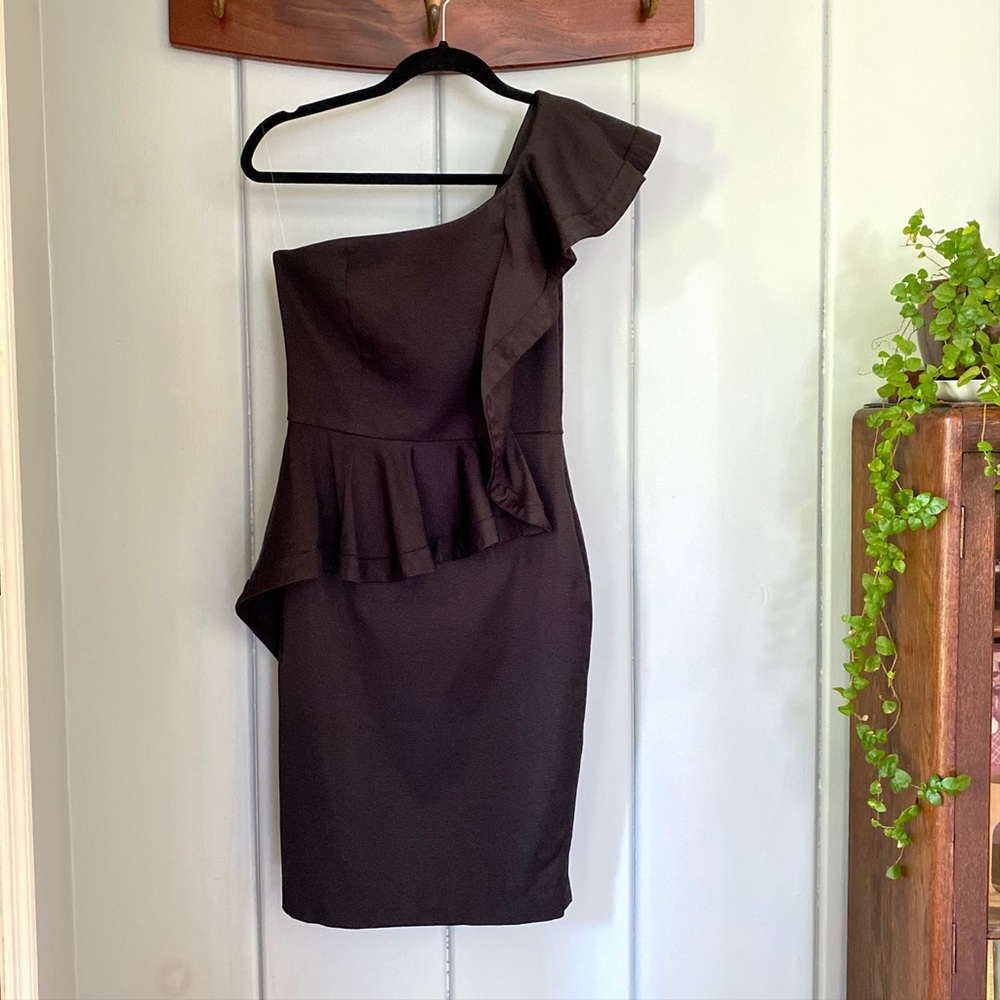 One shoulder peplum black cocktail dress S/M